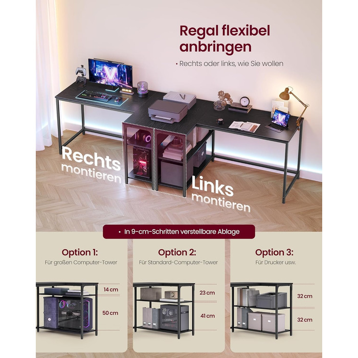 Кутовий стіл VASAGLE L-подібний з полицею, комп'ютерний стіл з місцем для зберігання, офісний стіл для дому, 120 x 80 см, Чорний горіх