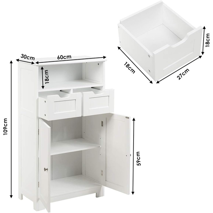 Шафа для ванної кімнати COSTWAY, 2 ящики та дверцята, регульована по висоті полиця, 60x30x109 см, біла