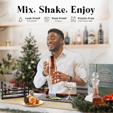 Набір бармена Bare Barrel Pro Mixology: 14 предметів, Boston Shaker (28oz), стійка, 35 рецептів, подарунковий набір