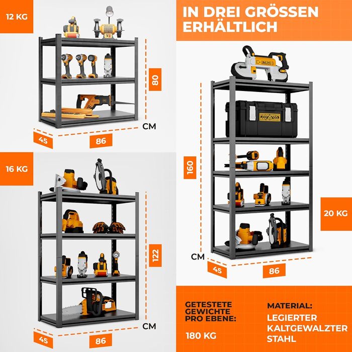 Металевий стелаж з металевими полицями - швидкий монтаж [НЕ СХИЛЬНИЙ ДО ПЛІСНІ & надзвичайно стабільний] Важкий металевий стелаж чорного кольору з п'ятьма полицями - стелаж для зберігання, підвальний стелаж, стелаж для гаража. Розміри: 160x86x45 см, 5 пол
