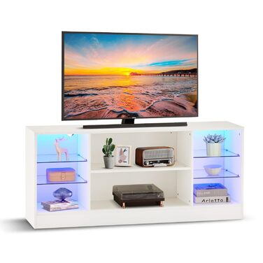 Тумба під телевізор CLIPOP Hochglanz Weiß з LED-підсвіткою, 130x34x57 см - ТВ тумба з скляною полицею для вітальні