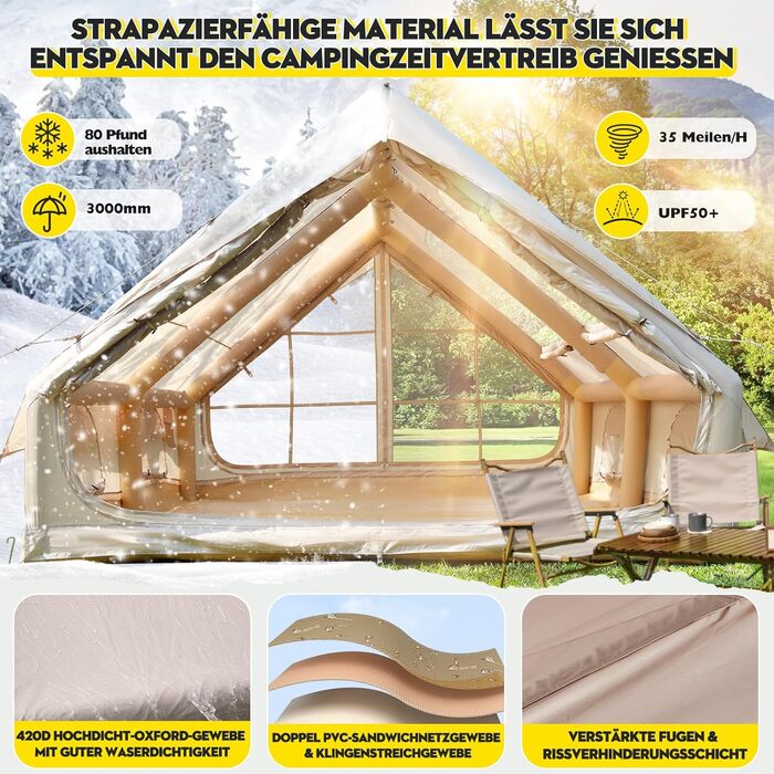 Надувний кемпінговий намет з димоходом та вікном, для 2-10 осіб з насосом, з водонепроникної тканини Oxford, швидке встановлення (4-8 осіб, велике вікно)