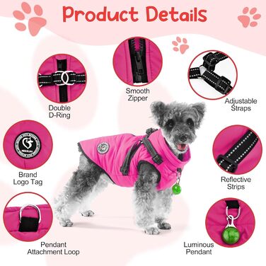 Куртка для собак зимова, водонепроникне пальто для собак, флісова підкладка, D-кільце, застібка-блискавка, розмір M (XL, рожевий)