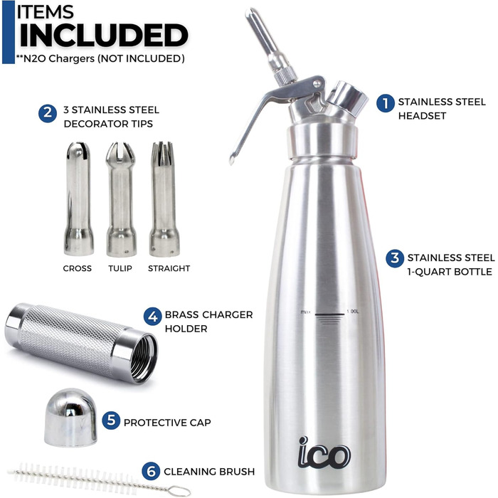 Професійний дозатор для вершків з нержавіючої сталі - сифон для капсул з вершками - пляшка Espuma для десертів (1л)