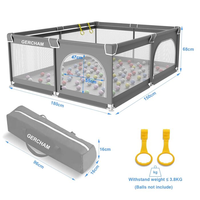 Дитячий ігровий центр/манеж Laufstall, 120x120 см, з ігровою килимком, складний, сітчасті бортики, з фіксаторами (сірий)