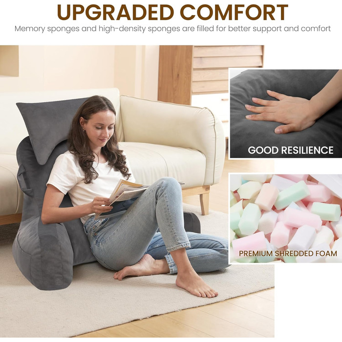 Підлогове крісло для читання з підголовником (світло-сірий, Oeko-Tex), м'яке спинне крісло з підлокітниками та кишенями для дорослих, зручне ліжко-крісло з Memory Foam для гуртожитку, світло-сірий, великий, преміум-якість