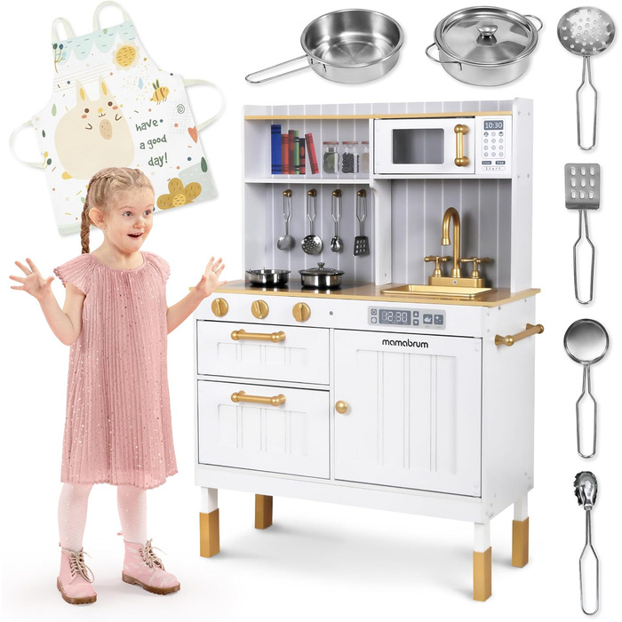 Дерев'яна дитяча кухня Mamabrum з LED-підсвічуванням - іграшковий кухонний набір з висотою, що регулюється, з приготуванням кубиків льоду, мікрохвильовою піччю, плитою та посудомийною машиною - іграшка для дітей від 3 років (Білий)