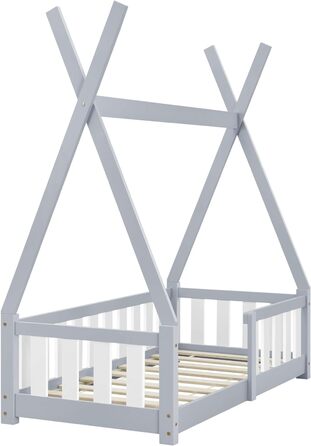 Дитяче ліжко Helsingborg 70x140см із захистом від падіння в дизайні tipi з деревини сосни Ліжко молодіжне Дерев'яне ліжко Ліжко Будиночок (світло-сірий)