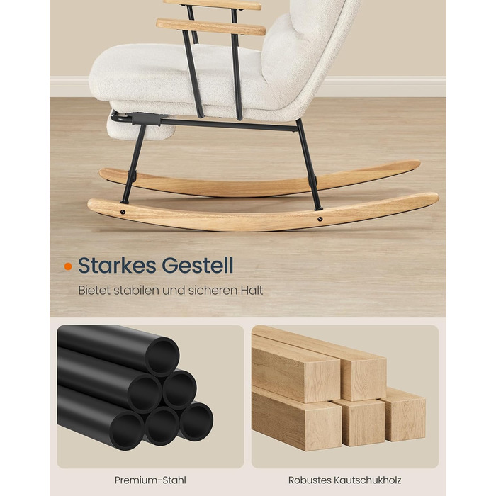 Крісло-гойдалка SONGMICS HOME з дерева каучука, флісова оббивка, регульована спинка, до 160 кг, для спальні/вітальні, LYY016LJ01 (кремовий)