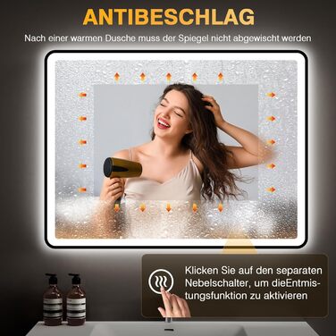 LED дзеркало для ванної кімнати 80x60 см з підсвічуванням, диммер, протитуманне покриття, 3 кольори світла, IP44, функція пам'яті, горизонтальний/вертикальний монтаж