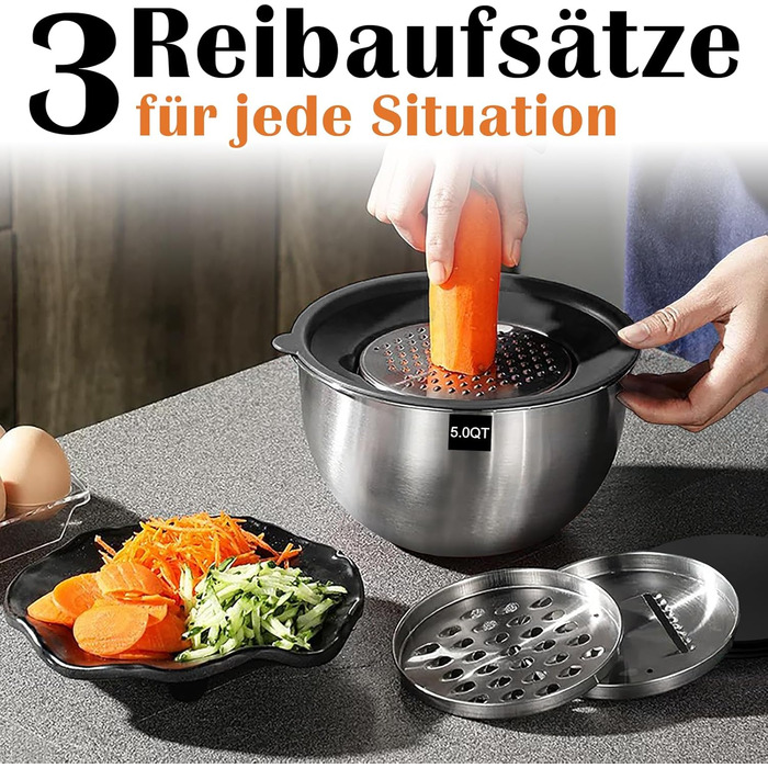 Набір мисок для кухні 5 шт. з нержавіючої сталі з кришками, 4.7л/2.8л/1.9л/1.4л/0.6л. Ідеально для приготування, випічки та зберігання. Складаються одна в одну, можна мити в посудомийній машині. В комплекті тертка.