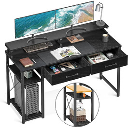 Стіл ODK з полицями, комп'ютерний стіл з 2 шухлядами, офісний стіл з книжковою полицею, невеликий стіл для домашнього офісу (120x50x87см, чорний)