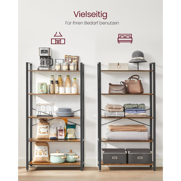 Стелаж VASAGLE Regal: 5 полиць, для офісу, вітальні, спальні, кухні, 30 x 80 x 153 см, вінтажний коричневий + чорний