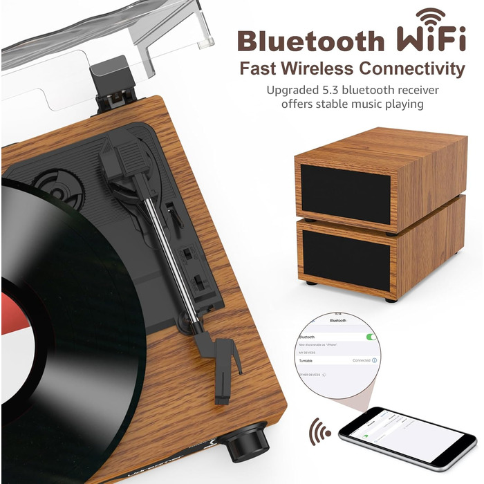 Вініловий програвач Udreamer з Bluetooth 5.3, 2 стерео динаміками, 3 швидкості, AUX, RCA, USB, ретро дизайн, жовтий