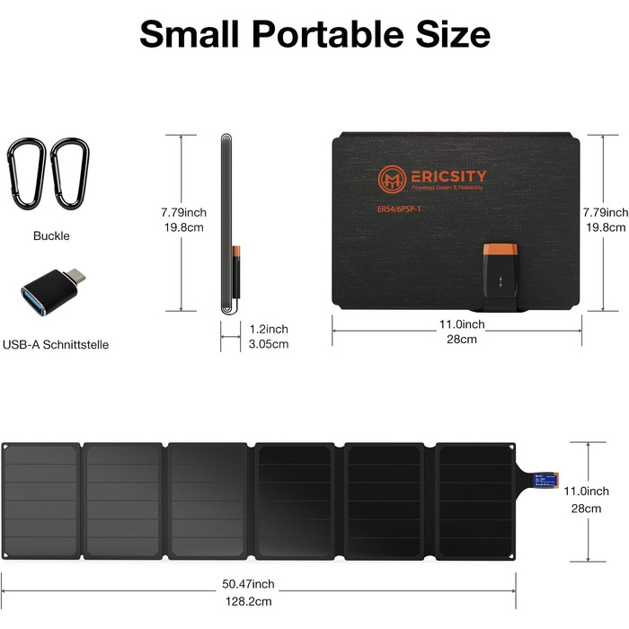 Сонячна панель 54 Вт, сонячний зарядний пристрій Ericsity USB сонячна панель портативна для кемпінгу Складна сонячна панель з виходом швидкої зарядки USB-C та матеріалом поверхні ETFE