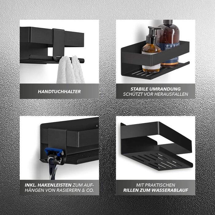 Набір душових полок BENKSTEIN 2 шт. | Без свердління | Кріпиться без свердління | Органайзер для душу, полиця для шампуню та гелю для душу | Чорний, для ванної кімнати