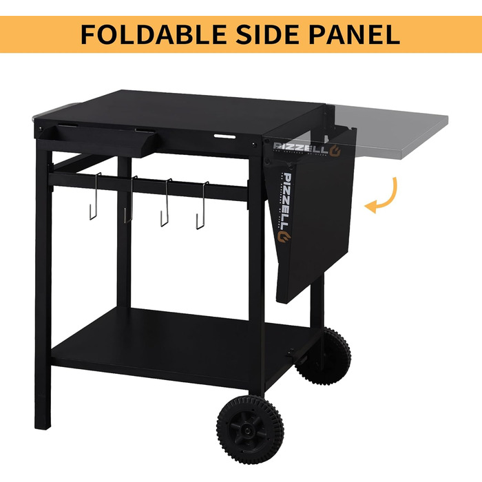 Гриль-візок PIZELLO з підготовчою станцією: візок для гриля, піца-стіл, сервірувальний візок з коліщатками, гачки, ручка, трансформована робоча поверхня, чорний