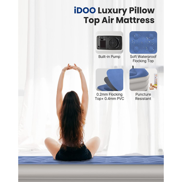Двоспальний надувний матрац iDOO, надувний матрац із вбудованою подушкою та насосом, 3 хвилини часу надування/випуску повітря, надувне ліжко, підходить для дому чи кемпінгу, 203x152x46 см, 295 кг МАКС