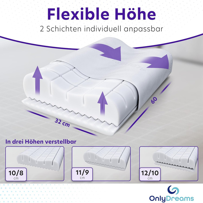 Ортопедична подушка для шиї OnlyDreams з гелевим шаром | Регульована висота + вибір жорсткості | Чохол з алое вера | Підходить для сну на спині, животі та боці - Оeko-TEX® (Memory Foam, 60x32x12/10 см)