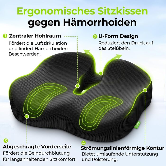 Ортопедична подушка для сидіння AUVON для офісного та автомобільного крісла, кільце для геморою, ергономічна - товстий пінополіуретан Memory Foam, міцна підтримка куприкової області та зняття болю, комфортне сидіння та покращення кровообігу