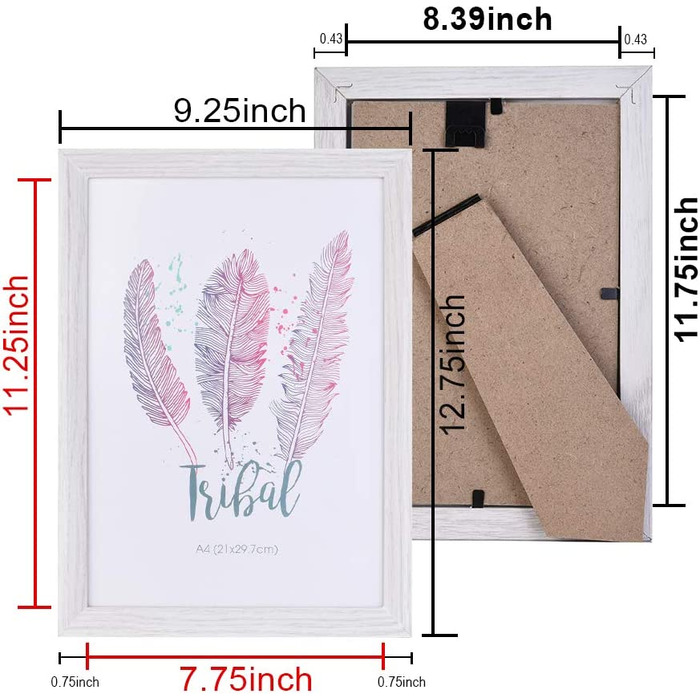 Набір рамок для фотографій Metrekey 13x18 см, 6 дерев'яних вінтажних скляних рамок для фотографій, рамка для портрета з кронштейном і гачком для прикраси столу і стін (білий, формату А4(3 упаковки))