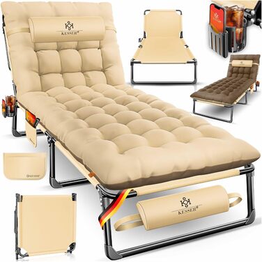 Розкладне кемпінгове ліжко KESSER з преміум-матрацом 190x68x30 см, польове ліжко до 250 кг з подушкою, кишенею та підстаканником, для відпочинку на природі та дому (Колір: Кава/Крем)