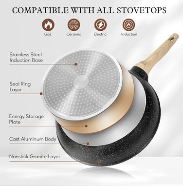 Набір каструль з кришкою для індукційних плит, 13 предметів, чорний гранітний набір посуду, антипригарне покриття без PTFE та PFOA