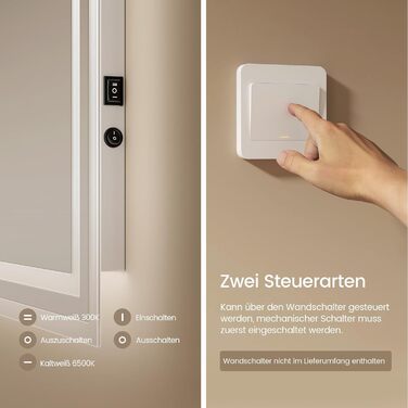 LED дзеркало для ванної кімнати EMKE 40x60 см з підсвічуванням, протитуманне, холодний/теплий білий світ, кнопка, алюмінієва рама, IP44, енергозберігаюче