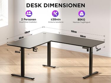 Електричний кутовий стіл WALKINGDESK 160 x 140 см з регулюванням висоти, чорний. Стіл для офісу, геймінгу та дому з кабелеуправлінням