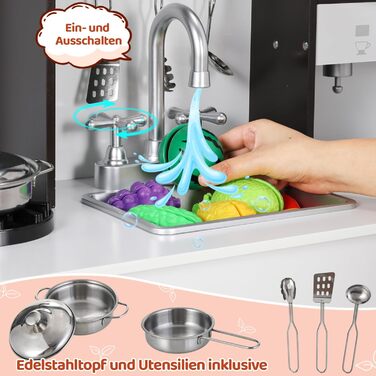 Дерев'яна дитяча кухня Mamizo з підсвіткою та звуком, іграшкова кухня для дітей, 90x30x90 см, з аксесуарами та 2 ящиками для зберігання, іграшка для дітей від 3 років (колір: коричневий)