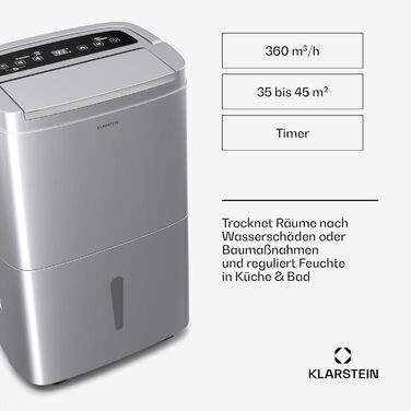 Електричний осушувач Klarstein DryFy 20L - 400W, 20л/день, 5л бак, 46dB, Auto-Swing, таймер, режим сушіння білизни, для дому та офісу, білий (40л, нержавіюча сталь)