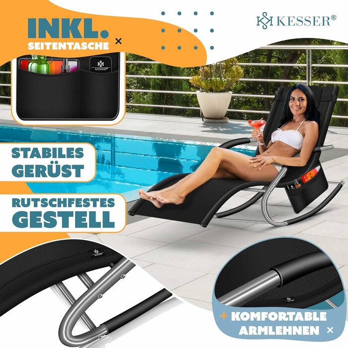 Крісло-шезлонг KESSER® для відпочинку на вулиці | Садове крісло-шезлонг | Крісло-гойдалка | Зручне крісло з підголовником | Чорний | Макс. 150 кг