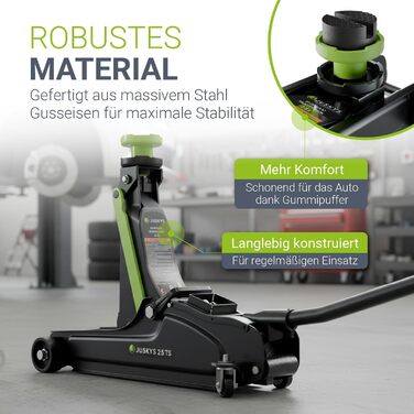 Підйомник гідравлічний Juskys 2.5 т, сталевий, 85-390 мм, з кейсом, гумовими накладками та аксесуарами - Чорно-зелений