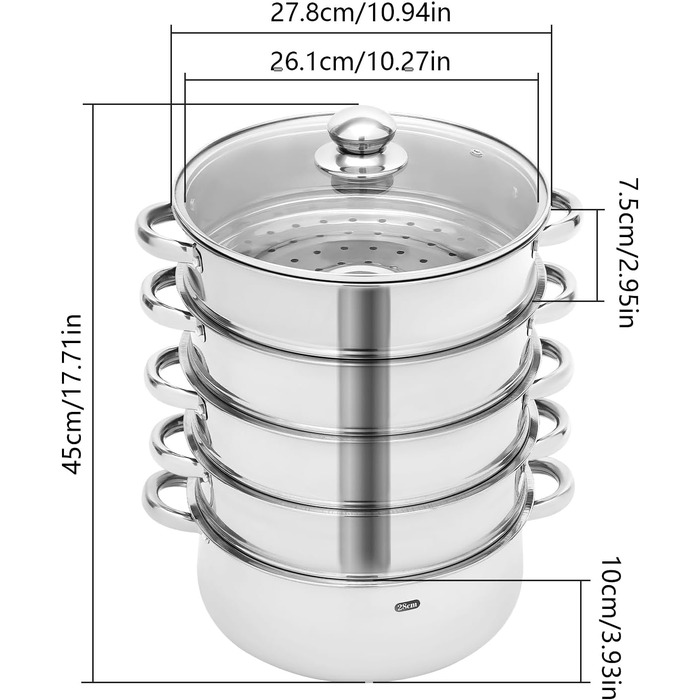 Пароварка Набір каструль з нержавіючої сталі зі скляною кришкою, 28 см (5 ярусів)