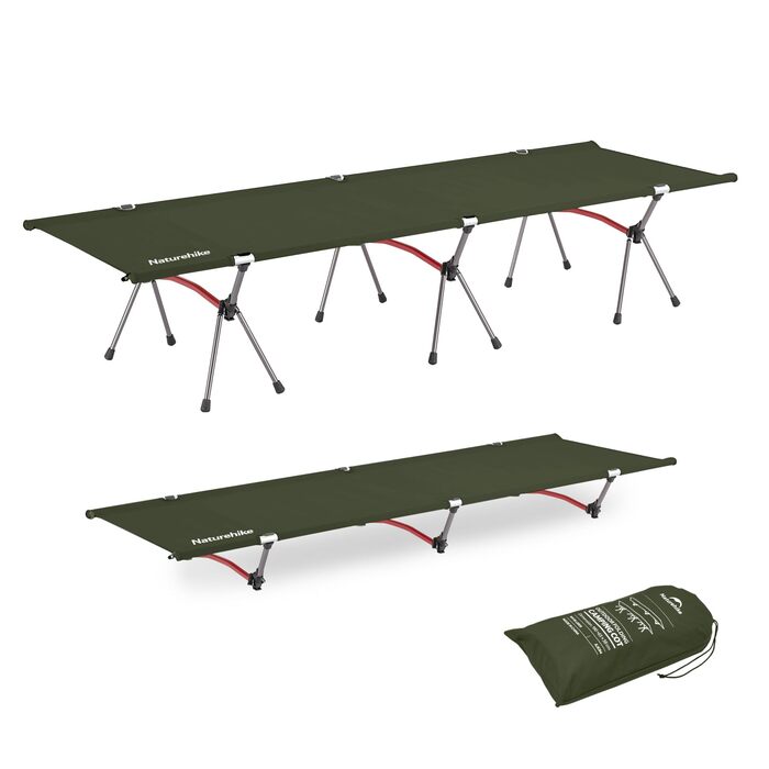 Польове ліжко Naturehike ультралегке складане, витримує до 150 кг, з регулюванням висоти, колір армійський зелений