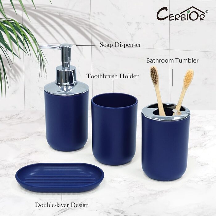 CERBIOR Набір аксесуарів для ванної кімнати, 6 шт. (Морська блакить): мильниця, тримач для зубних щіток, стаканчик для щіток, мильниця для раковини. Ідеальний подарунок на новосілля.