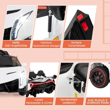 Електромобіль для дітей COSTWAY Lamborghini з пультом, LED фарами, сигналом, музикою, швидкість 3-6 км/год, білий, для дітей від 3 років
