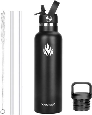 Пляшка для пиття XACIOA з нержавіючої сталі - 500 мл, 750 мл, 1 л, герметичний термос з соломинкою, герметична термос без бісфенолу А, термос з подвійними стінками для занять спортом, фітнесом (750 мл, чорний)