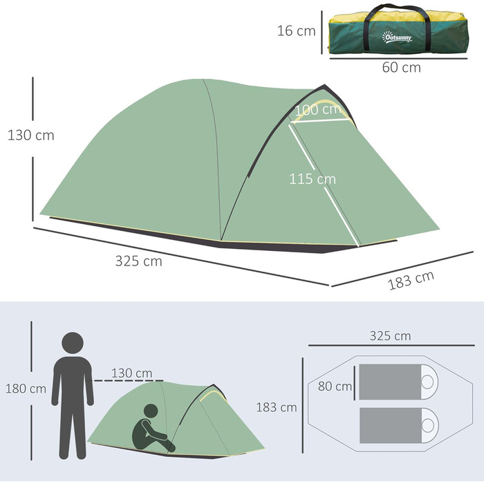 Намет Outsunny для 2 осіб 190T Кемпінговий намет з кілочками Купольний намет зі скловолокна Поліестер Зелений Жовтий 325 x 183 x 130 см