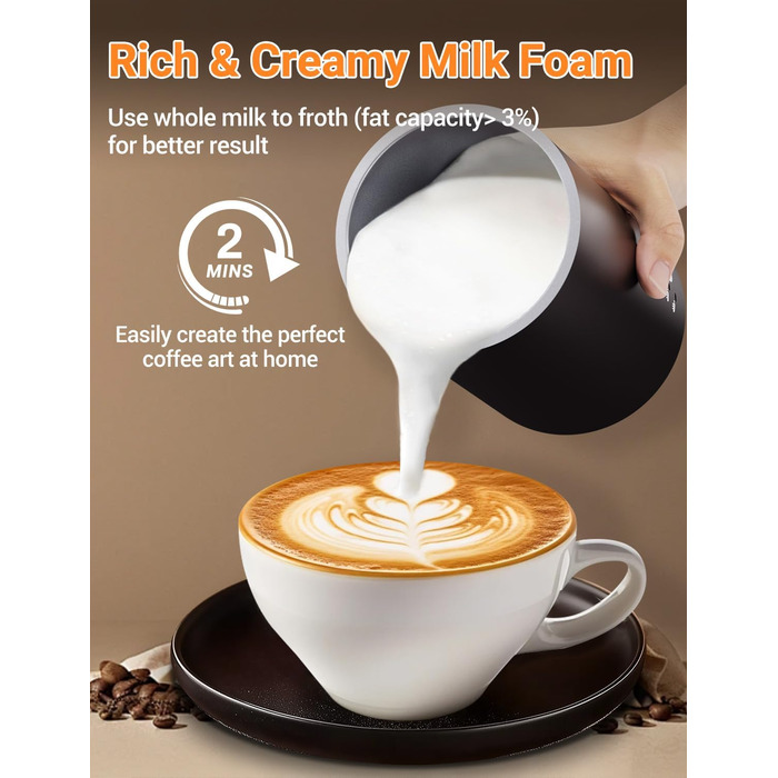 Електричний спінювач молока 5-в-1 600W з антипригарним покриттям. Підходить для приготування гарячого та холодного молочного пін, какао, лате, капучино. Чорний.