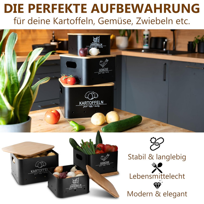 Коробки для зберігання картоплі та овочів MNKsolution (3 шт.) - Чорні контейнери для картоплі, овочів, цибулі та часнику - Органайзер для кухні