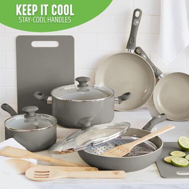 Набір посуду GreenLife Пісковик 15 шт. , без PFAS, можна мити в посудомийній машині, сірий