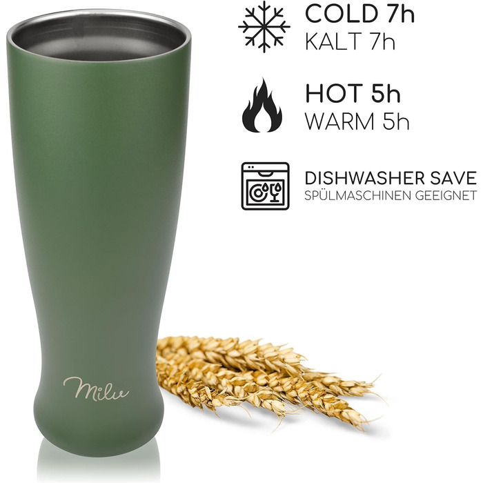 Термокухоль для пива Milu Weizenbierglas 500 мл, нержавіюча сталь, оливково-зелений (з гравіюванням) - подарунок для чоловіків, тата. Зберігає холод до 7 годин, придатний для миття в посудомийній машині