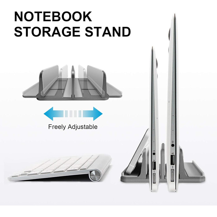 Металевий підставка для ноутбука Vertikaler, 4 слоти, вертикальний MacBook/HP/Chromebook до 44.5 см (17.5 дюймів), сірий