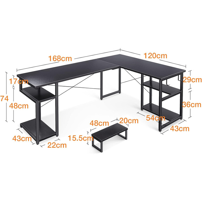 Г-подібний письмовий стіл, компактний, з подвійними полицями та гачками (168120 см, чорний), 148x120cm -