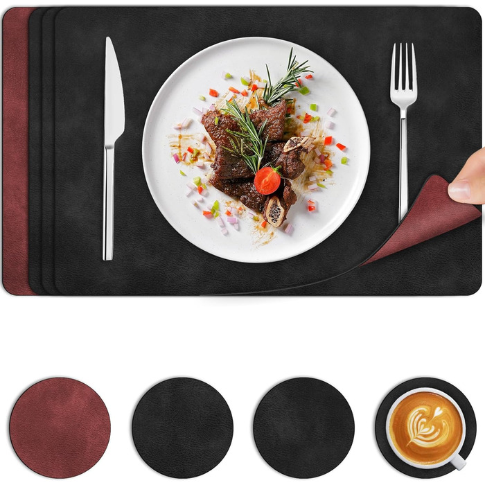 Підставки під гаряче та серветки під тарілку | Коричневе шкіряне покриття з покриттям з телячої шкіри, двосторонні, протиковзні, стійкі до подряпин | Підставки під тарілку для дітей, миючіся, термостійкі | для обіднього столу, кухні, квартири | Зелений та