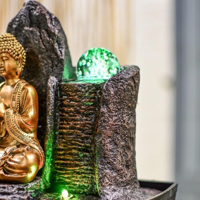 Джерело води Zen'Light від Zimmerbrunnen: Будда, LED-підсвітка, для медитації та релаксації. Декор у стилі фен-шуй, висота 26 см, горіх (Haka)