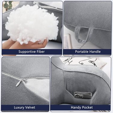 Лежак-крісло для читання, подушка для відпочинку в ліжку для дорослих та дітей, м'яка спинка з підлокітниками, кишенями та ручкою, сірий колір