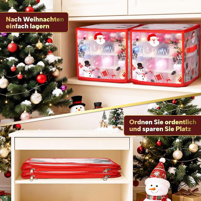 Коробки для прикрас на ялинку 2 шт. з відділеннями, для зберігання ялинкових кулі, з різдвяним малюнком, з відділеннями, з застібкою-блискавкою