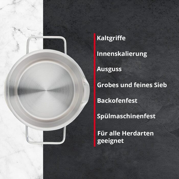 Каструля Meisterkoch з нержавіючої сталі 16 см з виливом, мірною шкалою та ізольованою ручкою | з кришкою з скла та ситом | кухонне приладдя, підходить для індукційних плит